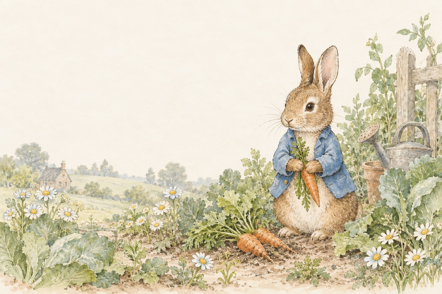 Watercolor of Peter Rabbit in his blue jacket among carrots, cabbages and daisies